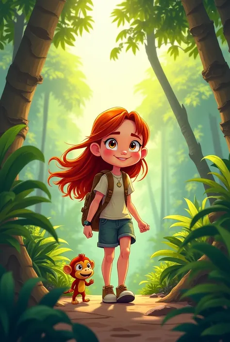 Cartoon of a young red-haired girl walking in the jungle with a  from Africa 