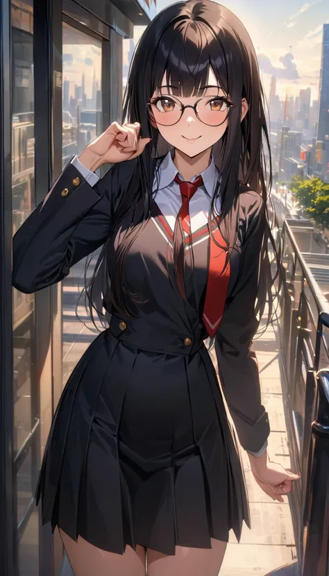 masterpiece, Alone,  old girl,  black school uniform,  brown eyes , red tie, glasses,  Long hair, black hair,  straight bangs ,  raising your thumb , winking,  smiling, In the background a city by day,  Detailed,  high quality 