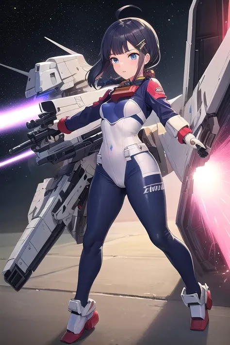 ((top quality)), ((masterpiece)), (Details),  1 girl。blunt bangs。Short Hair。Happy。 braided ponytail 。ahoge。Cute hair clip。 look so young。 small breasts。(moving composition)。Gundam pilot suit。universe。 Gundam cockpit 。 Full body image of Gundam equipped wit...