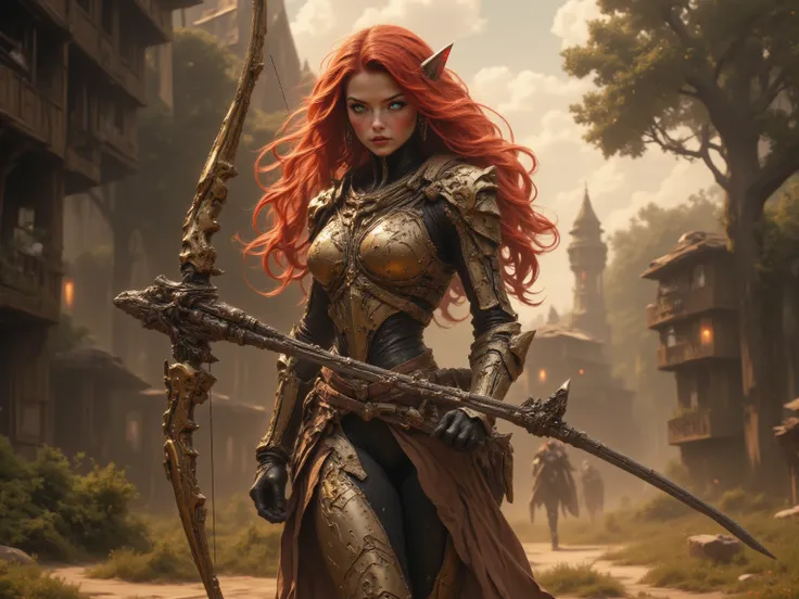 Female Elf, Long Flowing Fiery Red Hair with Blunt Bangs, Long Elven Ears, Glowing Blue and white Cybernetic Eyes, Tanned Skin, Large Breasts, Wide Hips, Thick Thighs, Long Legs, Wearing Form Fitting Advanced Golden Leaf Advanced Cybernetic Armor, Holding ...