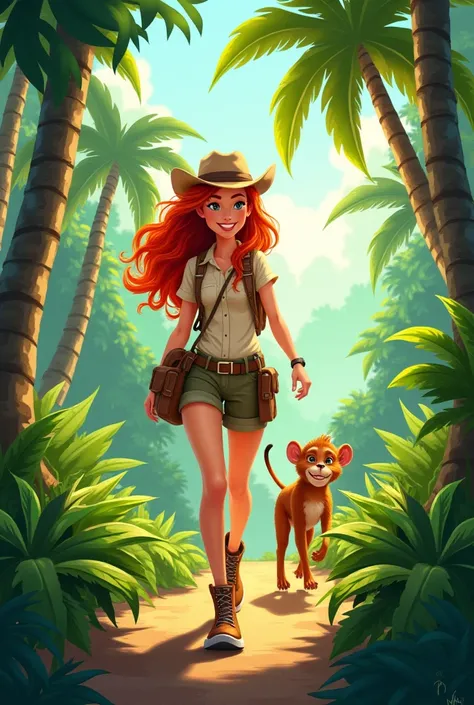 Cartoon of a young red-haired woman walking in the jungle accompanied by a  from Africa 