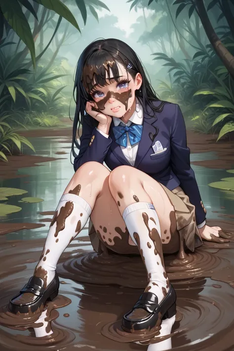  Masterpiece, girl,((( Blazer Massive Muddy :10))),(((Skirt Massive Muddy :10))),(((White socks covered in a lot of mud :10))),(((Black loafers covered in a lot of mud:10))),((( sweaty:5))),Head and cheeks covered in mud,Bathe in muddy water from your head...