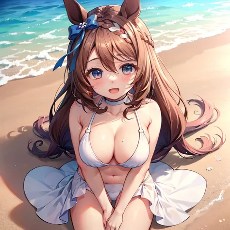 (( top quality))、(( Masterpiece))、( Details)、( ultra high resolution)、 super creek with a string entangled in my chest \(Uma Musume\)、
 horse ears、 A horse's tail is growing from the waist、earrings、 very big breasts、 cleavage、
( white bikini)、
sitting on t...