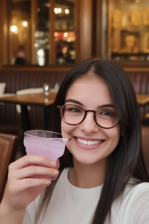 smiling woman in glasses holding a drink and a straw in a restaurant, headshot profile picture, wavy long black hair and glasses, very very low quality, very very low quality picture, slight nerdy smile, very silly looking, cute slightly nerdy smile, with ...