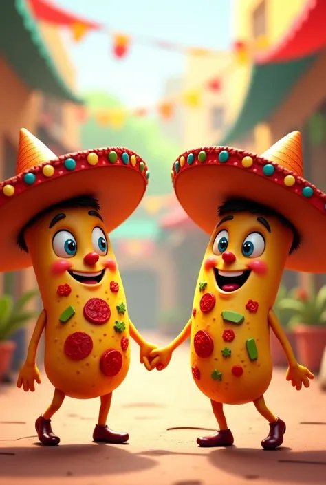 Pair of animated pizzas holding hands and each wearing a Mexican hat