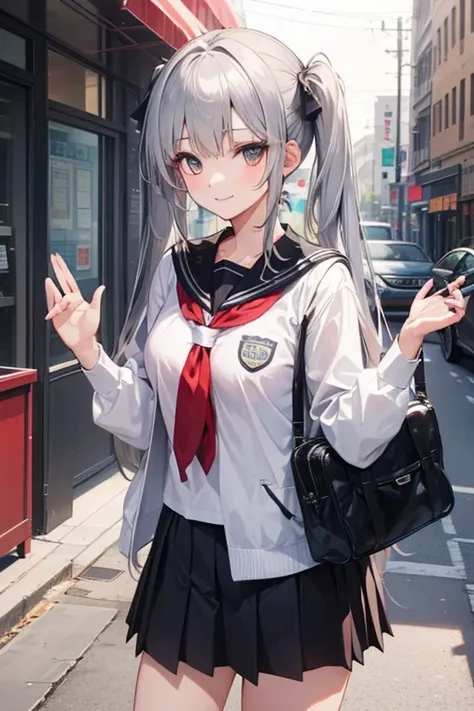 a girl, highschool student, silver twintail, standing, hand up, smile, street, morning, glance, 