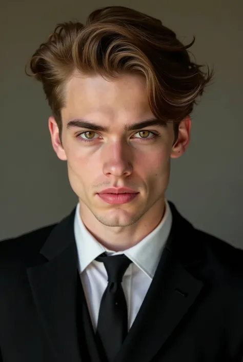  A man with amber eyes , high,  light leather balcony,  dark blonde wavy hair ,  perfect nose ,  a black suit with a slightly loose tie,  rosy lips but not so much , and a sexy cut , And he's as young as 22 years old American,  that you don't have such mar...