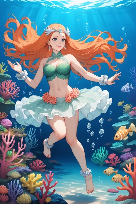 For a coral barrier-inspired outfit for Orihime:

Top: A seafoam green crop top with coral-like textures around the edges. The fabric mimics the delicate, intricate shapes of coral reefs. The top is designed to show off her navel, with subtle cutouts resem...