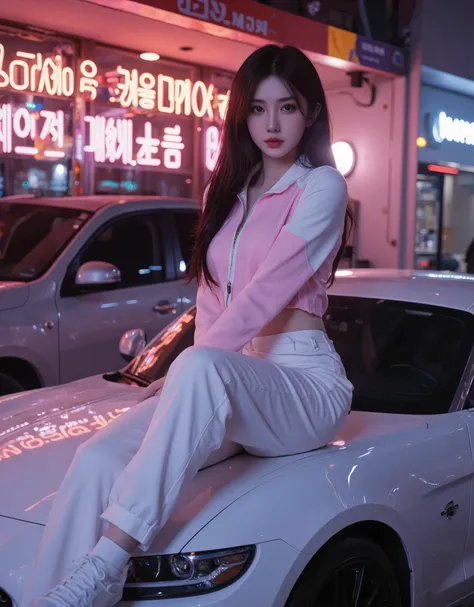 a pretty young Korean woman in pink and white jacket and white baggy pants, sitting on a white  sports car's hood, neon lights background bokeh, photorealistic, photorealistic, high-definition, 8K resolution, looking away