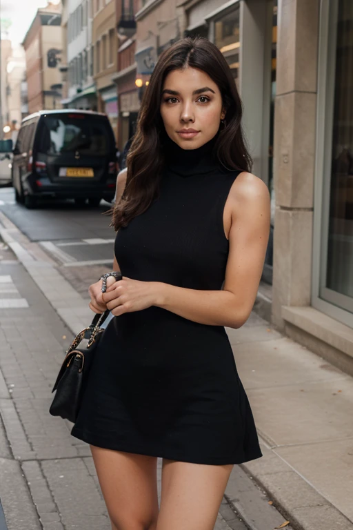 Black dress below the knee, sleeveless with turtle neck 