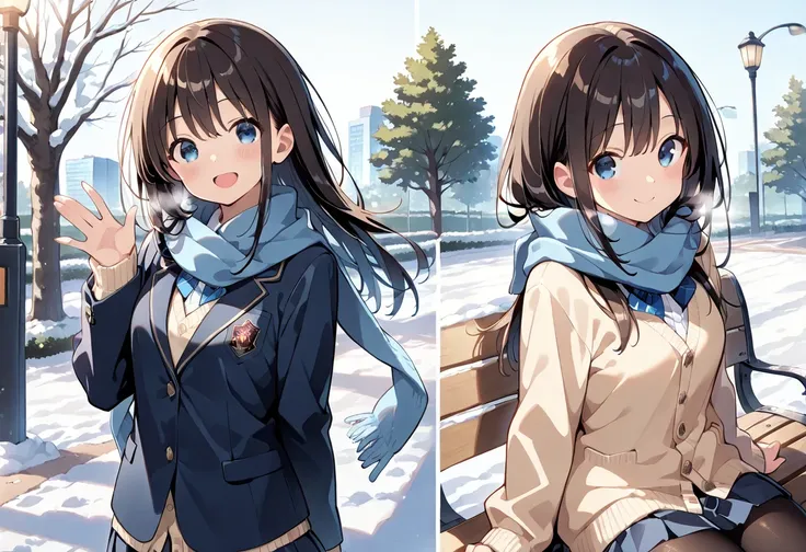 ((masterpiece, best quality, ultra detailed, high resolution, beautiful detailed face, beautiful detailed eyes, perfect hands)), (1 girl, solo), (black long hair), (cobalt blue eyes, clear eyes), (school uniform, winter uniform), (blazer, cardigan, skirt, ...