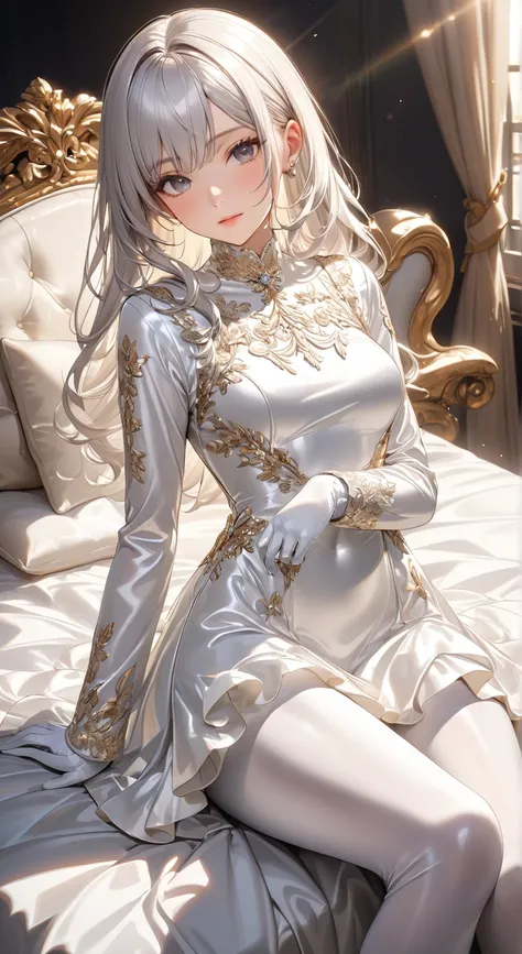  full body photo、 portrait、god々Shining light、( masterpiece, top quality,  ultra high resolution ),Extremely detailed CG, Japanese woman,(( beautiful face)),(( long sleeve long sleeve dress made of shiny white silk satin))、((The dress has a simple design wi...