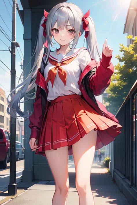 a girl, highschool student, silver twintail, standing, hand up, smile, street, morning, glance, sunny, upskirt