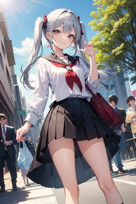 a girl, highschool student, silver twintail, standing, hand up, smile, street, morning, glance, sunny, upskirt