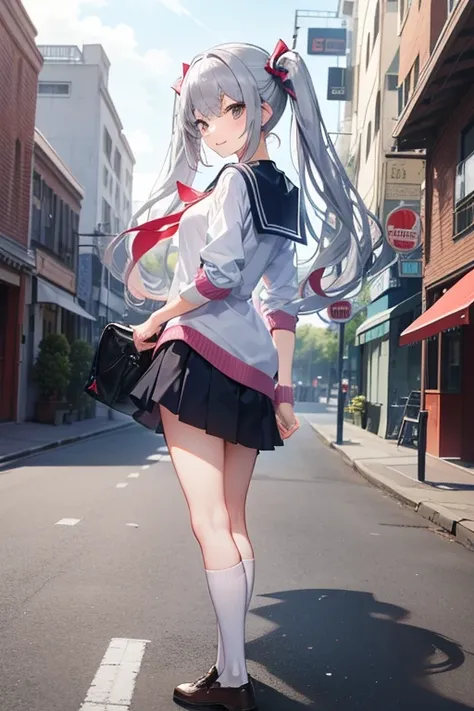 a girl, highschool student, silver twintail, standing, hand up, smile, street, morning, glance, sunny, upskirt