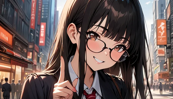 masterpiece, Alone,  old girl,  black school uniform,  brown eyes , red tie, glasses,  Long hair, black hair,  straight bangs ,  raising your thumb , winking,  smiling, In the background a city by day,  Detailed,  high quality 