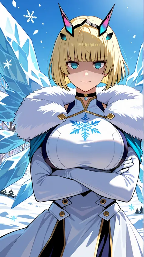 1girl,solo,blue eyes,pure glacial pupils,breast,aged up,crossed arm, smirk, dynamic pose, weapon,weapon formation from behind, taico haori,Frozen cherry blossoms,multiple weapon,ice theme, frozen icy weather, Arctic likes,(freezing foreground), big icy win...