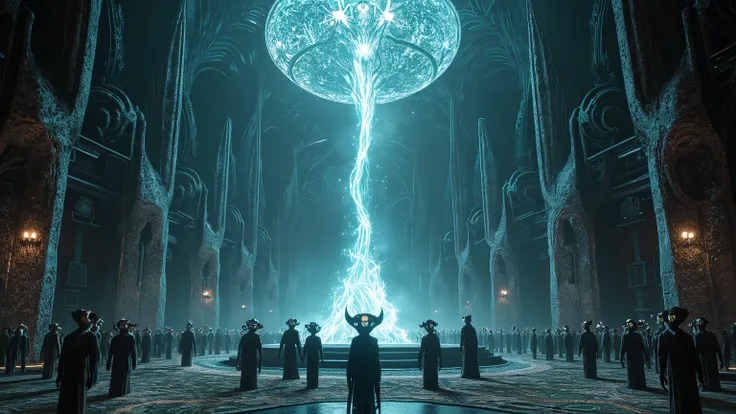 A colossal alien cathedral ,  with biomechanical structures that appear to be alive . Inside,  alien creatures with metallic skin and luminous eyes perform a ritual on a floating altar of dark energy.  The atmosphere is mystical and overwhelming ,  with di...