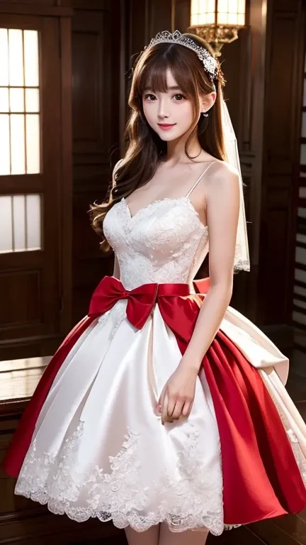 ((( top quality))), ((( masterpiece))), ((( Details))),  tall ,  camera,   face to face ,  girly empire line wedding dress、pure red sparkling silk satin ruffle , Throw your hands out in front of you,  Japanese,  brown hair,  long hair,  gorgeous room,.  go...