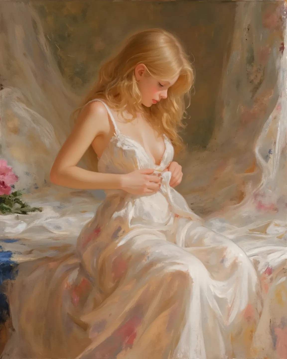 oil painting, V.V. style,   . beautiful girl, open neckline dress, blonde, lower body, leg, untying hair, braless, changing clothes, flower, bedroom, oil painting texture, (masterpiece, best quality:1.2) 