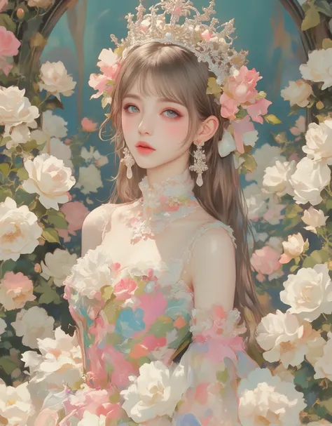 ( Masterpiece:1.2),(  top quality ),(  very well detailed),(  best illustrations),8k,,16k, wallpaper, Beautiful sweaty princess ,  tiara 、Pastel color gothic fashion dress  ,whole body,( I'm taking a walk along the street where countless white roses were b...