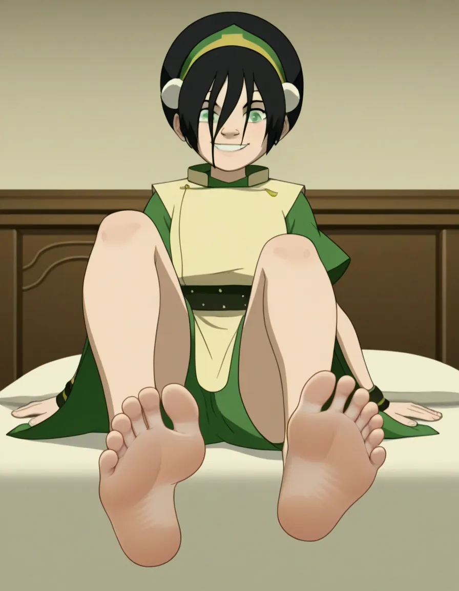 Score_9, score_8_up, source_anime, 1girl, Toph Beifong, alone, looking at viewer, afternoon, on a bed, sitting on a bed, cowboy photo, ANIME SCREENCAP, anime coloring, barefoot, perfect feet, anatomically correct, soles, beautiful feet, small feet, low ang...