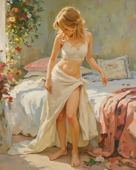 oil painting, V.V. style,   . beautiful girl, open neckline dress, blonde, lower body, leg, untying hair, braless, changing clothes, flower, bedroom, oil painting texture, (masterpiece, best quality:1.2) 