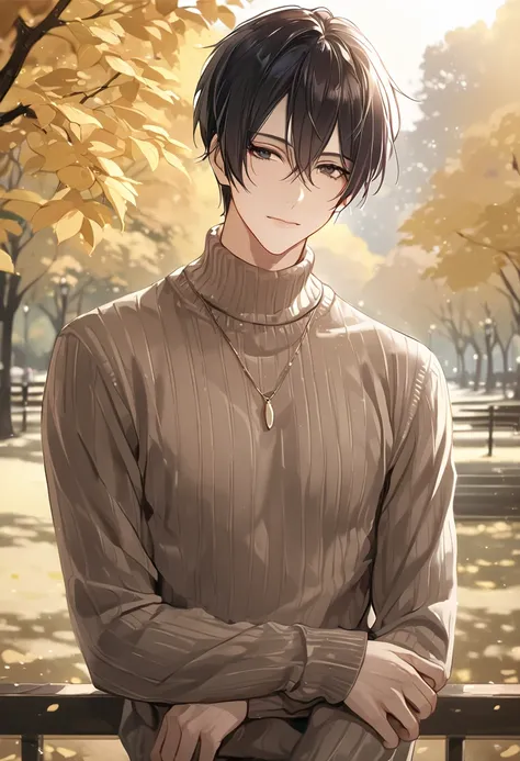 (Masterpiece, high resolution, best quality), solo, 1 male, handsome, 25-years-old man, mild, short hair, black hair, black eyes, thin, brown knit sweater, half body, looking at viewer, pale smile, a afternoon at the park