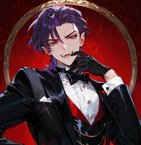 1boy, tuxedo, gloves, purple hair, fangs, red eyes, lavish, luxurious background, vampire, 