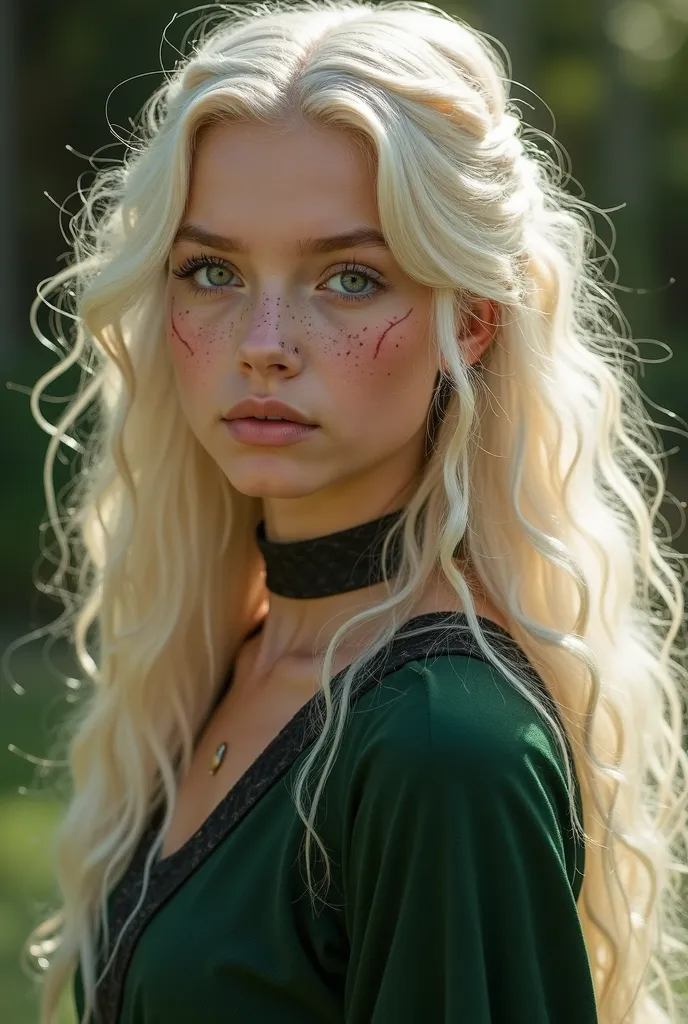  A young princess of 20 years with long hair , white blonde,  that falls in soft waves down to her back .  His eyes are deep emerald green ,  reflecting wisdom and determination .  Her face is adorned with delicate freckles on her cheeks and nose, giving h...