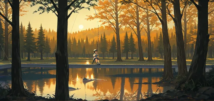 A girl fishing in a neon lake in a forest