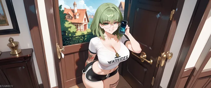 ultra-detailed, 1girl, solo, ((masterpiece)), (best quality), (highres), 16K, green eyes, green hair, medium hair, tattoos on leg, wearing glasses, shirt, bootyshorts, busty body, large breasts and a sexy ass, showcasing cleavage, legs, hips, looking at vi...