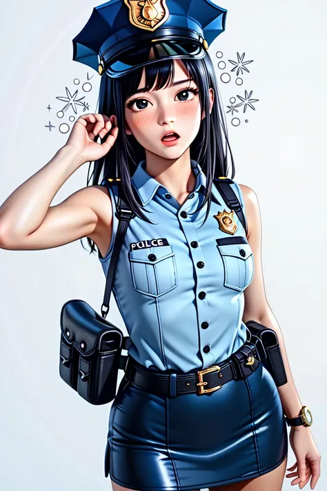  Japanese beautiful girl ,(It's 1 :2.0),( watch viewers:1.0),(Black Sleeveless Collared Police Shirt :1.1),( Black Ultra Micro Mini Skirt:1.1),( slender body:1.2),( Open Mouth_I get hiccups :1.4),real skin ,small breasts,  Shiny Black Hair, Super Detailed ...