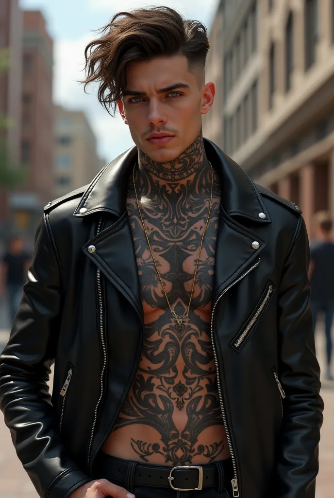 
Sexy junger Badboy, fully tattooed,  brown hair - longer on the sides short at the top,  angular facial features. Dark and dominant.  black leather jacket. Collage Student