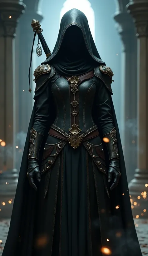 A mysterious female figure stands in a dimly lit castle, shrouded in an intricately detailed, dark leather armor adorned with ornate, golden embellishments. The figure's face is completely hidden by a hood, adding to the enigmatic aura. A sword with an ela...