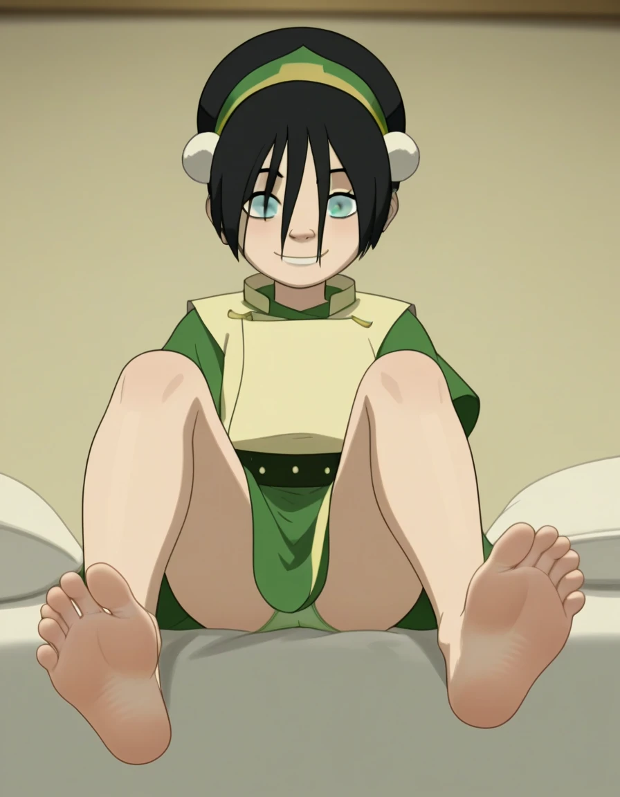 Score_9, score_8_up, source_anime, 1girl, Toph Beifong, alone, looking at viewer, afternoon, on a bed, sitting on a bed, cowboy photo, ANIME SCREENCAP, anime coloring, barefoot, perfect feet, in panties, anatomically correct, soles, cute feet, small feet, ...