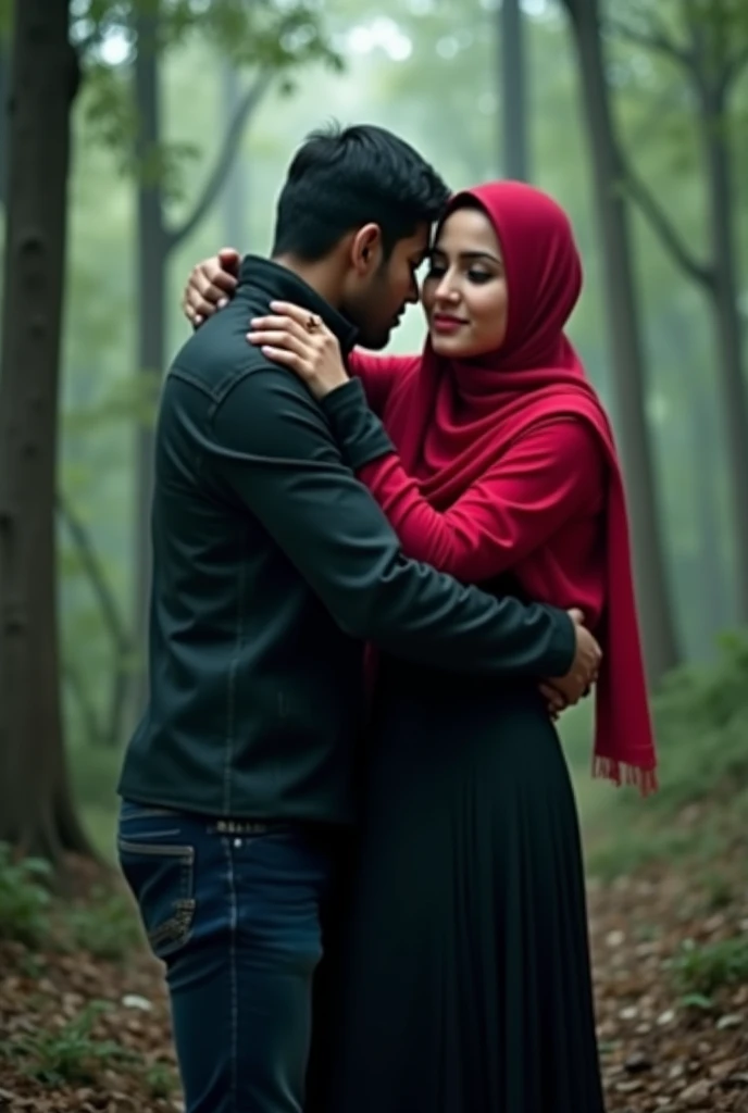 A black monster is standing in the forest.   The 18 -year -old beautiful Muslim girl (wearing a Red Hijab and Black dress) is hiding a two -handed tight hug behind a 20 -year -old Hindu boy.   There is fear on his face.