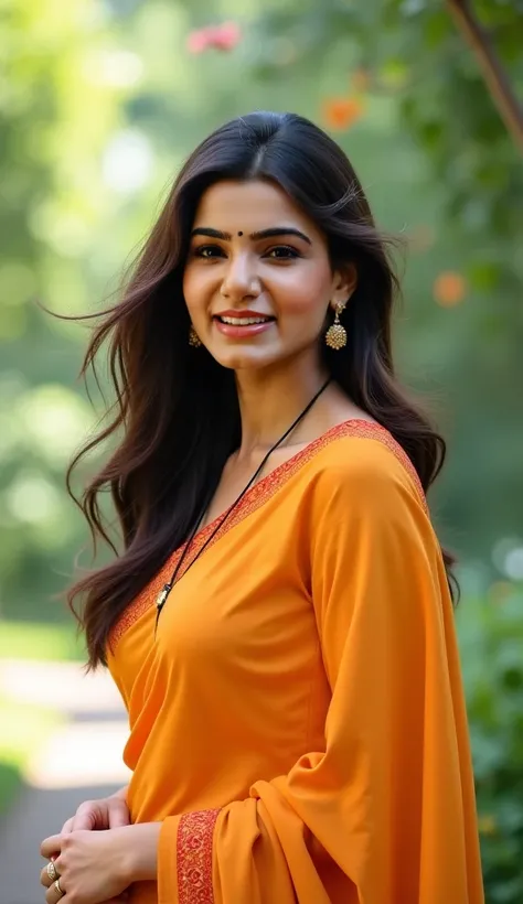 Samantha Ruth Prabhu loose free hair silky longhair saree in park fit body normal fat body 