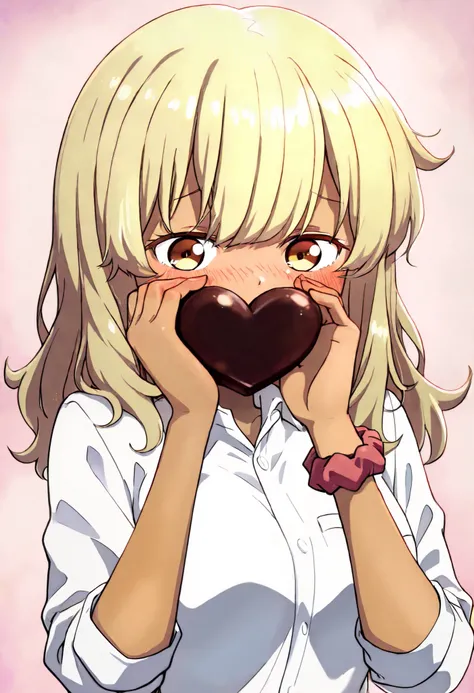 (anime colored) ,valentine chocolate , Give the chocolate ,heart shaped chocolate, I'm embarrassed ,1girl,solo, kana_higa, blonde_hair, yellow_eyes, brown_eyes, tanned skin, school_uniform, collared_shirt, white_shirt, wrist_scrunchie sleeves_rolled_up,ver...