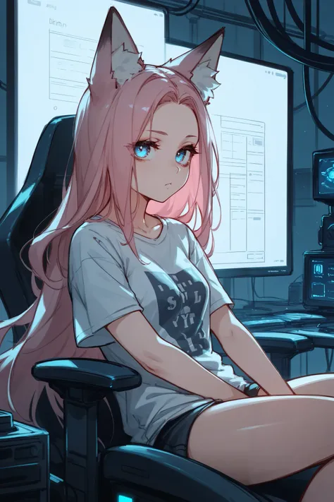 ((Moody picture with dim nighttime blue lighting.)) A fox girl with long pink hair in casual wear in a disorganized bedroom in front of a bunch of computer screens. She is sitting in a science fiction pod. ((She is shyly looking at the viewer)) with her bl...