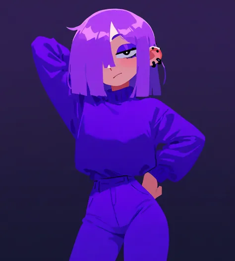 masterpiece, best quality, high quality, absurdres, very awa, 1girl, solo, lily \(duolingo\), purple hair, medium hair, hair over one eye, purple eyeshadow, ear piercing, purple sweater, purple pants, cowboy shot, pose, looking at viewer, 