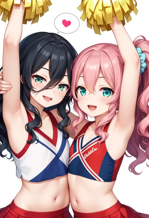 masterpiece,best quality,amazing quality, (2girls:1.2), yuri, spoken heart, symmetrical docking, arms up, 
Evil smile, happy, half-closed eyes, open mouth,
cheerleader, holding pom pom \(cheerleading\), armpits, presenting armpit, 
midriff, crop top, minis...