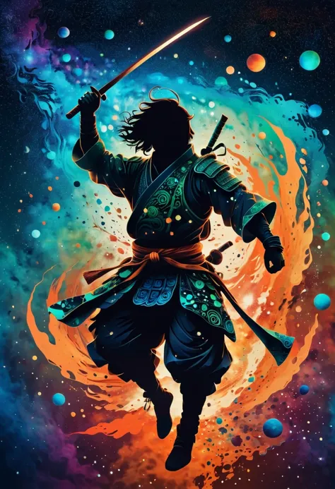 (best quality, highres:1.2),silhouette of a Samurai suspended in Space,colorful background,blue,orange,green, blurred, zentangle style, black, brown, crunch it, make it outstanding, the best emotive silhouette ever, sparkles, ((space:1.2)), musical explosi...