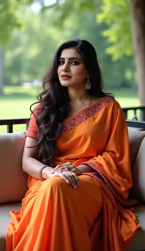 Samantha Ruth Prabhu loose free hair silky longhair saree in park fat body sitting on couch in balcony 