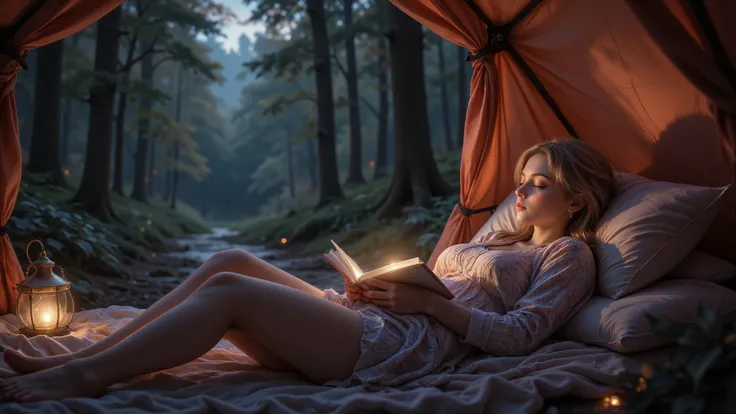 book lies on top of hands, girl fell asleep in tent with book in hands closed eyes turned over book