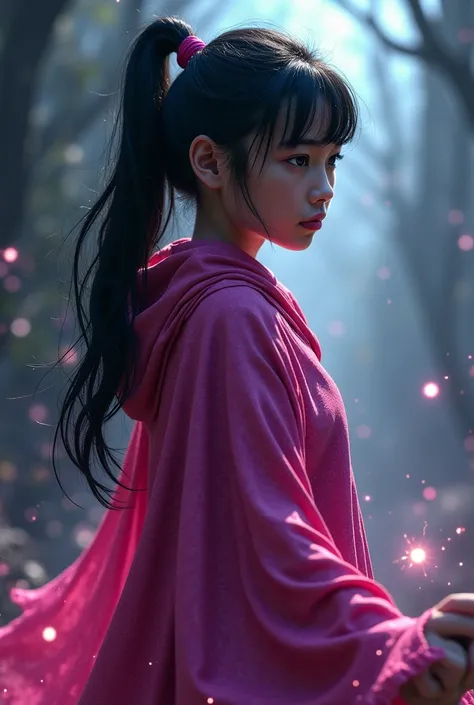 Semi-dark-skinned girl, long black hair tied with a ponytail, pink magic tunic, suspenseful look and setting