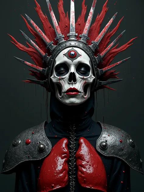 Beautiful Female cosmic entity,crown made from knives with eye of Providence in the middle of her forehead,half skull half face,spilled with red and black fluid,dark makeup,dark surrealism,dark realistic photography, dark occult art,melancholic dark art, s...