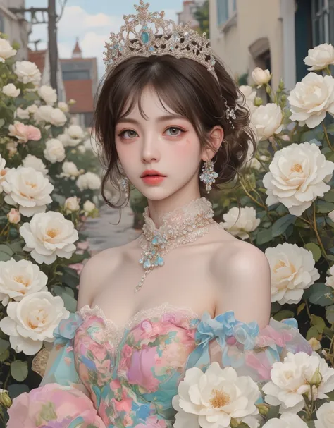 ( Masterpiece:1.2),(  top quality ),(  very well detailed),(  best illustrations),8k,,16k, wallpaper, Beautiful sweaty princess ,  tiara 、Pastel color gothic fashion dress  ,whole body,( I'm taking a walk along the street where countless white roses were b...