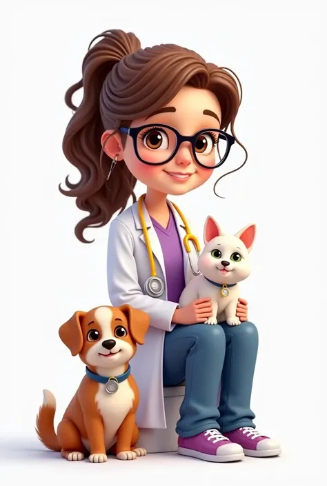 Create a bottomless photo of a white veterinary doctor , honey-colored eyes, glasses, curly brown hair tied in a ponytail , with white blouse , jeans and closed heel shoes , purple lab coat, yellow stethoscope hanging around the neck , smiling, with a cat ...