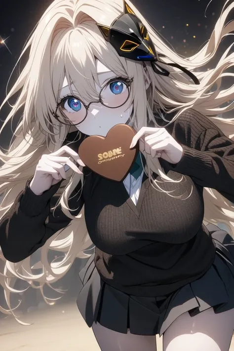 clothing, Kurohaori Animated , heart-shaped chocolate made of a mix of white chocolate and cocoa chocolate, cute, Futuristic, gold powder sparkling in space, held in both hands, anime, Violet Evergarden-style beautiful woman, outfit is a cute black sweater...